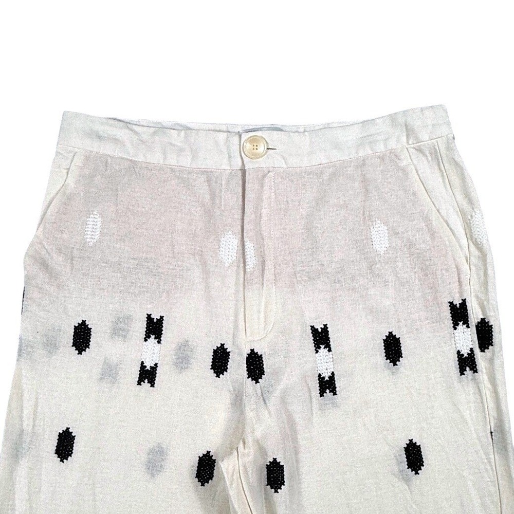 Zara Womens Linen Blend Embroidered Geometric Straight Leg Pants White Green L